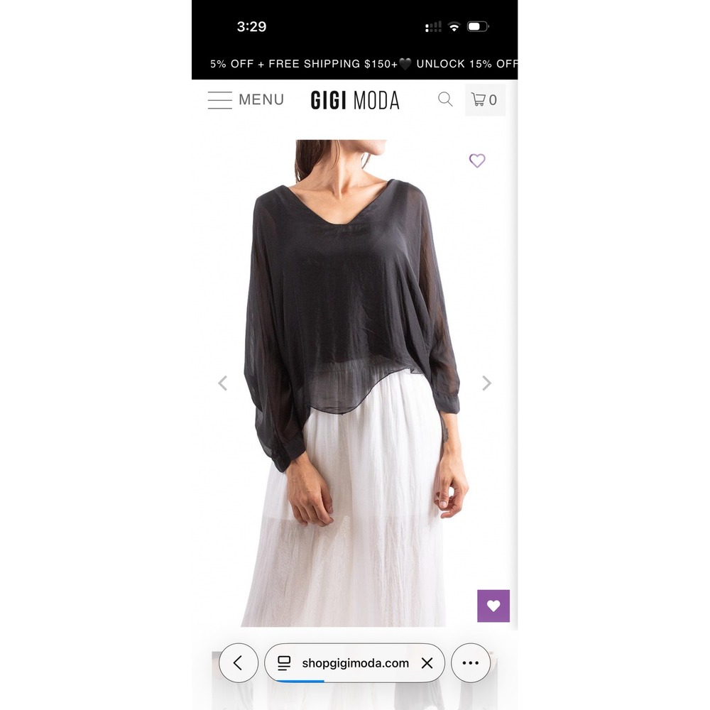 Gigi Moda Isabetta Silk Crop Top Black V-Neck Dolman Sleeve Made in Italy Blouse